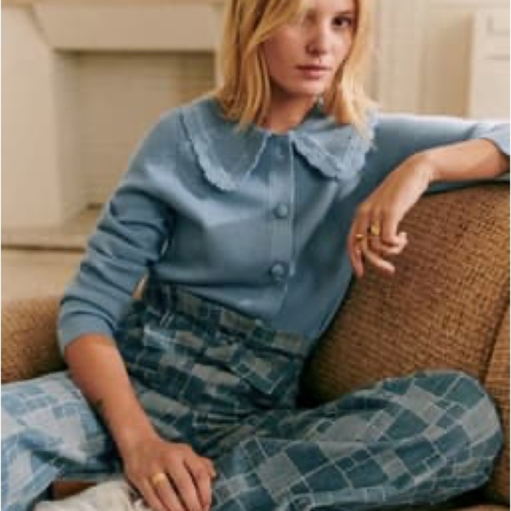 Sezane Blue Cardigan with Crochet Collar - Picture 3 of 6